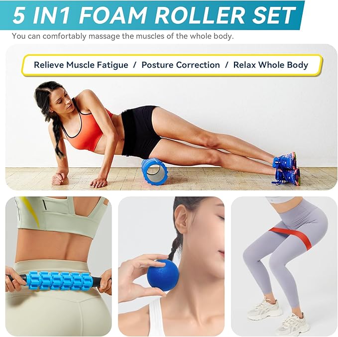 5 in 1 Foam Roller Set for Deep Tissue Muscle Massage, High Density Trigger Point Fitness Patented Exercise Foam Roller, Massage Roller, Massage Ball, Resistance Band, for Whole Body-CasaMuseHome