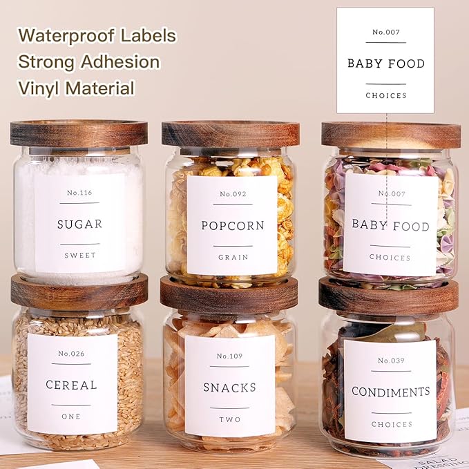 6 Set Glass Pantry Storage Jars with Acacia Airtight Lid - 15oz Thicken Glass Kitchen Canisters with 132 Pantry Labels - Clear Glass Food Storage Containers with Wood Lid for Tea,Sugar,Spice,herbs-CasaMuseHome