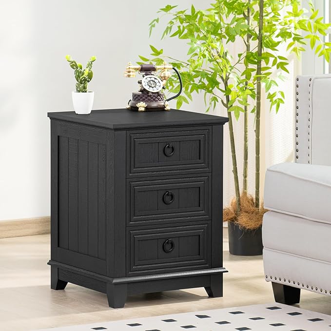 18" Farmhouse Night Stand with 3 Drawers, Wood End Table Dresser for Bedroom, Black Nightstand, Bed Side Table with Metal Handle, Bedside Cabinet for Bedroom Living Room, Closet-CasaMuseHome