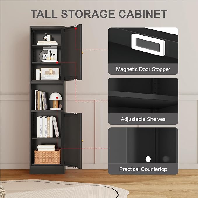 67" Tall Bathroom Storage Cabinet, Narrow Metal Floor Cabinet with 2 Doors and Adjustable Shelves, Freestanding Metal Locker for Laundry, Kitchen, Dining Room-CasaMuseHome