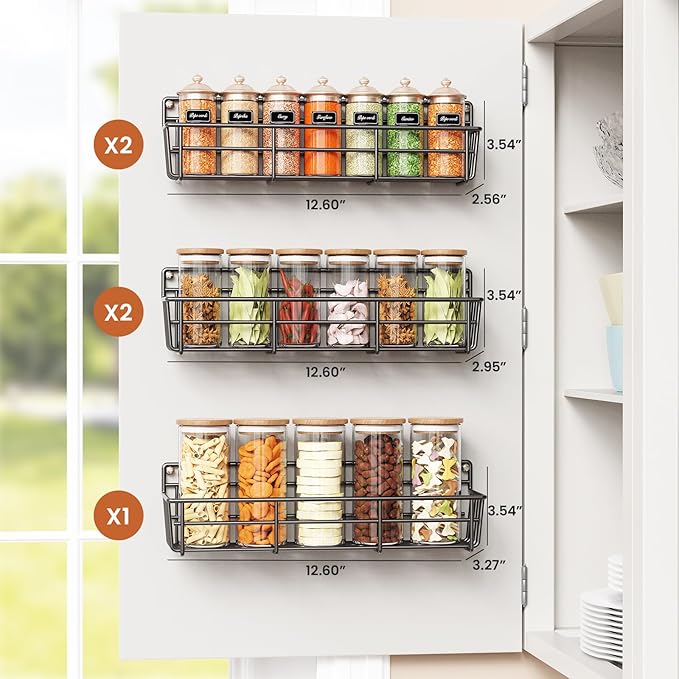 5 Pack Spice Rack Seasoning Organizer Wall Mount, Screw or Adhesive Hanging Shelf Basket Spice Organizer Shelf for Kitchen, Black-CasaMuseHome