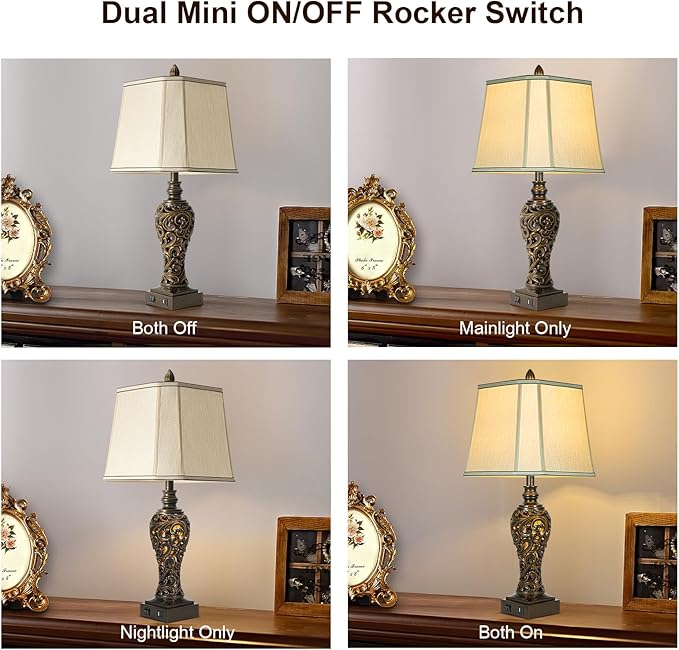 28.5" high Vintage Brown Table Lamps Set of 2 - Bedside Lamp with Faux Silk Shades - for Bedroom and Living Room with USB and Nightlight - Perfect for Nightstands and Bedrooms (Bulb Included)-CasaMuseHome