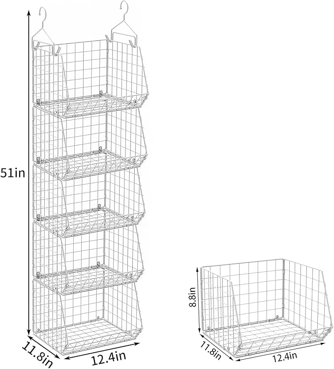 5 Tier Closet Hanging Organizer, Clothes Hanging Shelves with 4 Hanging Hooks 5 S Hooks, Wire Storage Basket Bins, for Clothing Sweaters Shoes Handbags Clutches Accessories Patent Design-White-CasaMuseHome