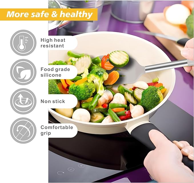 5-Piece Silicone Kitchen Tool Set, BPA-Free, Heat-Resistant, Non-Stick & Dishwasher-Safe, with Slotted/Solid Spoons & Spatulas for Frying, Mixing, Draining – Includes Multi-Purpose Serving Hook(Khaki)-CasaMuseHome