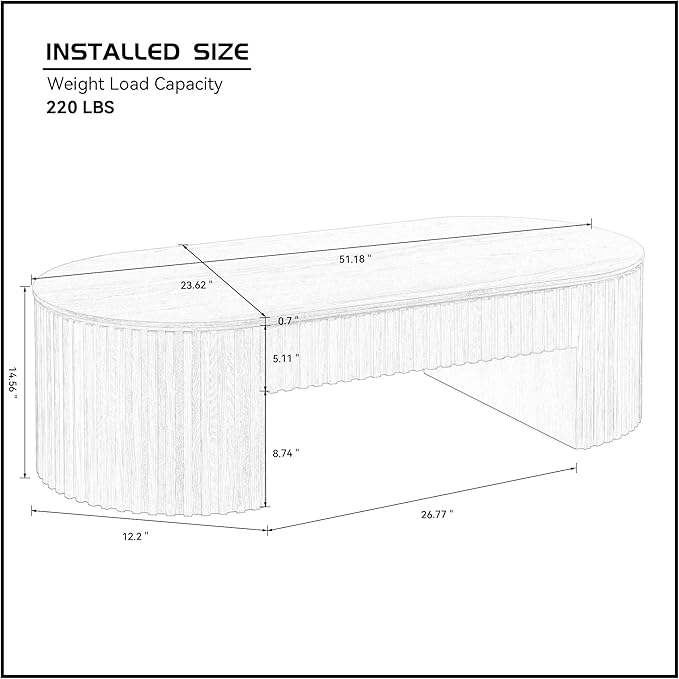 51.18'' Oval Coffee Table for Living Room Fluted Center Table with Drawer, Mid Century Modern Coffee Tables, Easy Assembly for Office Storage Tea Table Oak-CasaMuseHome