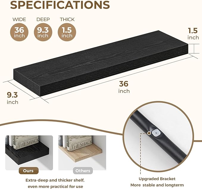 36 Inches Floating Shelves for Wall, 9.3" Deep Long Floating Shelves Set of 2, Large Display & Storage Shelf, Wall Shelf for Bathroom Bedroom Living Room Kitchen Office, Black-CasaMuseHome