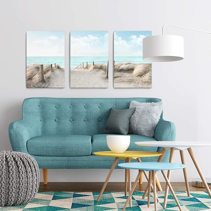 3 Piece Large Canvas Bedroom Wall Art Beach Blue Sea Blue Sky Print Picture Framed Wall Decor for Living Room Bathroom Modern Home Decor Artwork Ready to Hang Coastal Wall Decorations Size 16x24x3-CasaMuseHome
