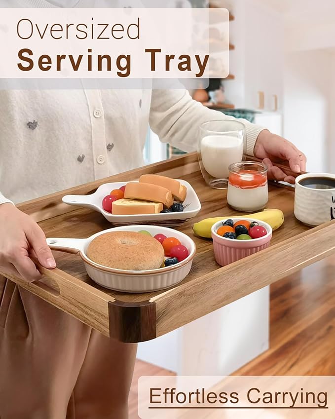 22 Inches Acacia Wood Serving Tray with Handles, Large Wooden Rectangle Ottoman Tray, Nice Home Decor for Living Room Coffee Table Couch, Ideal Size for Serving Food Breakfast BBQ Party-CasaMuseHome