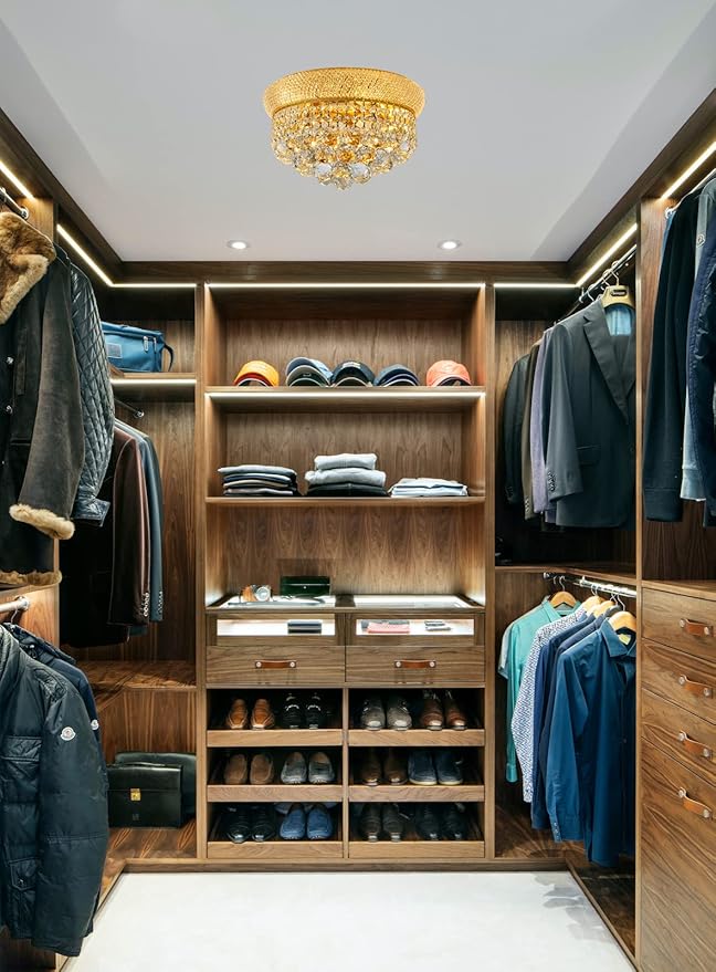 5-Light Crystal Flush Mount Chandelier Ceiling Light Fixture for Living Room Dining Room Bedroom Foyer Entryway Hallway Closet Bathroom (Gold D14)-CasaMuseHome