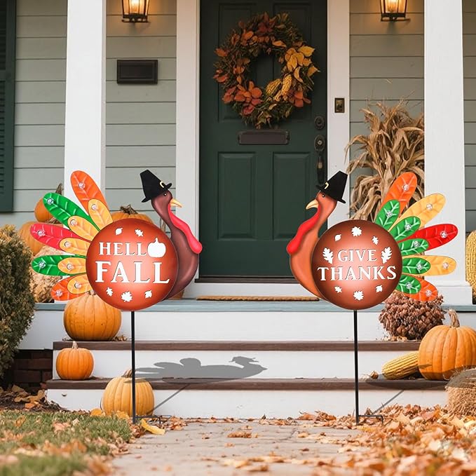 2 PCS Happy Fall Yard Signs Metal Thanksgiving Decorative Garden Stakes with Led Light Turkey Give Thanks Yard Stakes Fall Harvest Lawn Garden Lawn Pathway Decor-CasaMuseHome