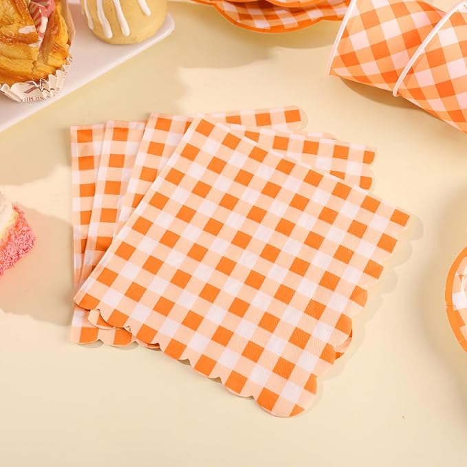 175 Pcs Orange and White Gingham Party Supplies - Orange Gingham Paper Plates and Napkins Sets Serve 25 - Scalloped Checkered Plates for Birthday Picnic Fall Halloween Thanksgivng Party Decorations-CasaMuseHome