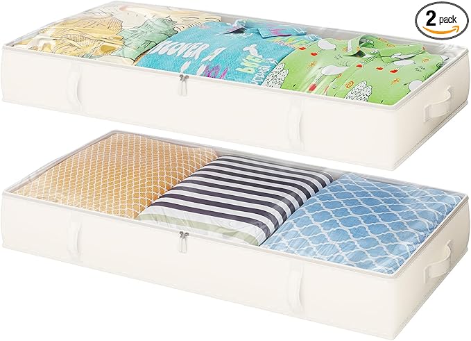 2-Pack Under Bed Storage, 6 Inches Tall Closet Organizers and Storage Bins with Sturdy Sidewalls/Bottom/4 Handles, Beige-CasaMuseHome