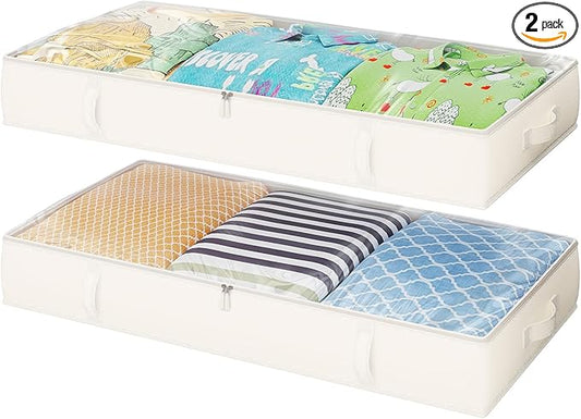 2-Pack Under Bed Storage, 6 Inches Tall Closet Organizers and Storage Bins with Sturdy Sidewalls/Bottom/4 Handles, Beige-CasaMuseHome