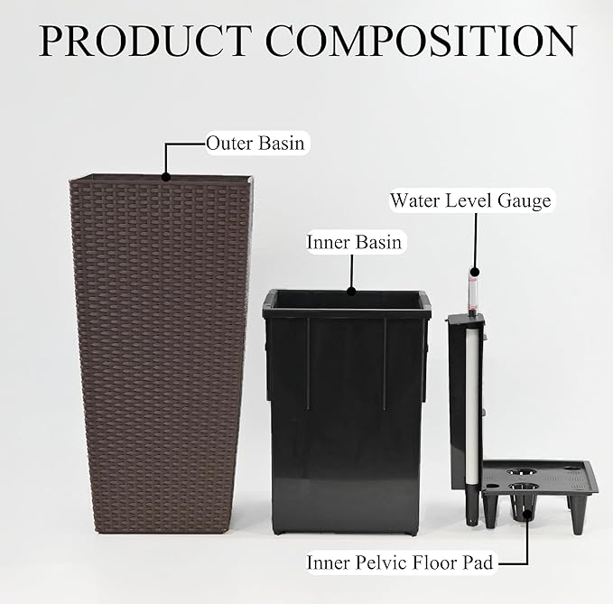 30in Tall Large Plant Pots Planter-Self-Watering Indoor/Outdoor Planting with Drain Holes, Water Level Monitor, Inner Bucket for Front Porch Patio, Brown Large-CasaMuseHome