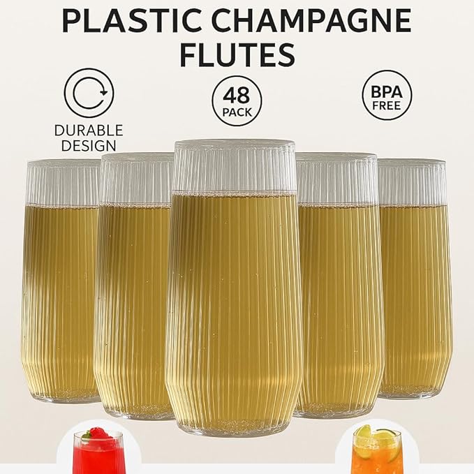 48 Pack Ribbed Ripple Stemless Toasting Glasses, Origami Durable 9 Oz BPA-Free Disposable Plastic Champagne Flutes for Weddings, Bars, Events, and Celebrations (Clear)-CasaMuseHome