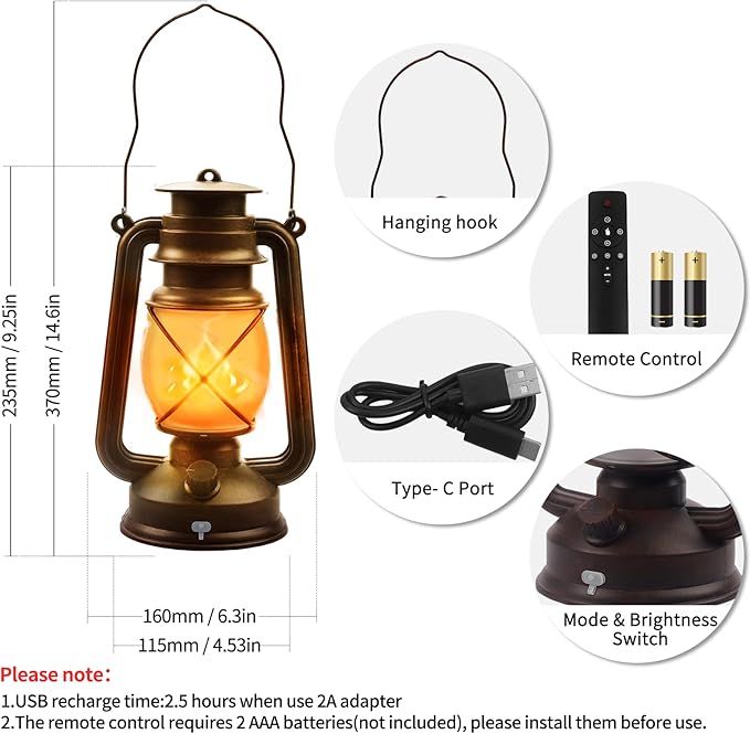 2 Pack Bronze Vintage 4 Modes Light LED Lanterns，Rechargeable Dancing Flame Lanterns Decorative Outdoor&Indoor, Remote Control Waterproof Hanging Lights for Camping,Patio Garden Pathway-CasaMuseHome