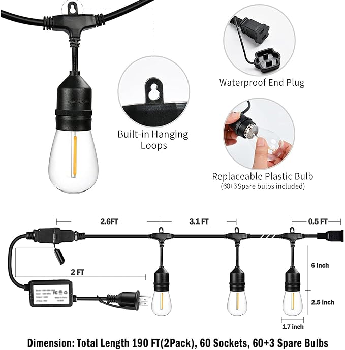 190FT Remote Controlled Outdoor String Lights Patio String Lights for Outside, 60+3 Shatterproof S14 Warm Lights String Outdoor for Bistro Café Gazebo Backyard, Linkable, 2 Pack-CasaMuseHome