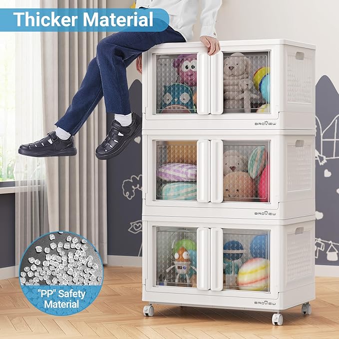 400Qt Stackable Storage Bins with Lids, 100Gal Closet Organizers and Storage Drawer, Plastic Collapsible Storage Bins with Doors, Heavy Duty Store Box Cabinet for Home Kitchen, 4Pack White-CasaMuseHome