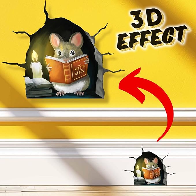 3D Mouse Reading Book in Mouse Hole, Decal Sticker, Removable Wall Decor, Book Lover Gift Idea, Baseboard, Wall Sticker Decal, Kids Room, Classroom, Library-CasaMuseHome