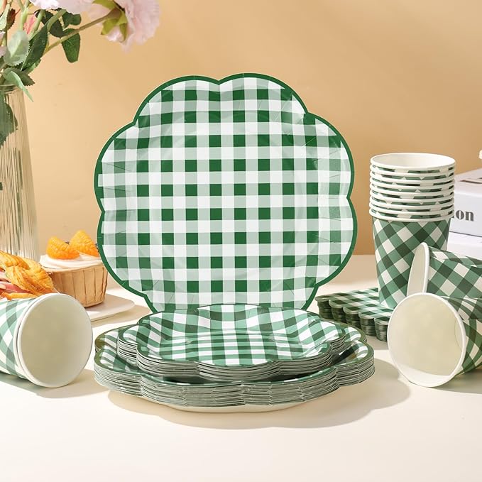 350 Pcs Green Gingham Plates and Napkins Party Supplies - Green and White Checkered Plates Sets Serve 50 Guests - Scalloped Gingham Paper Plate for Birthday Picnic BBQ Golf Party Decorations-CasaMuseHome