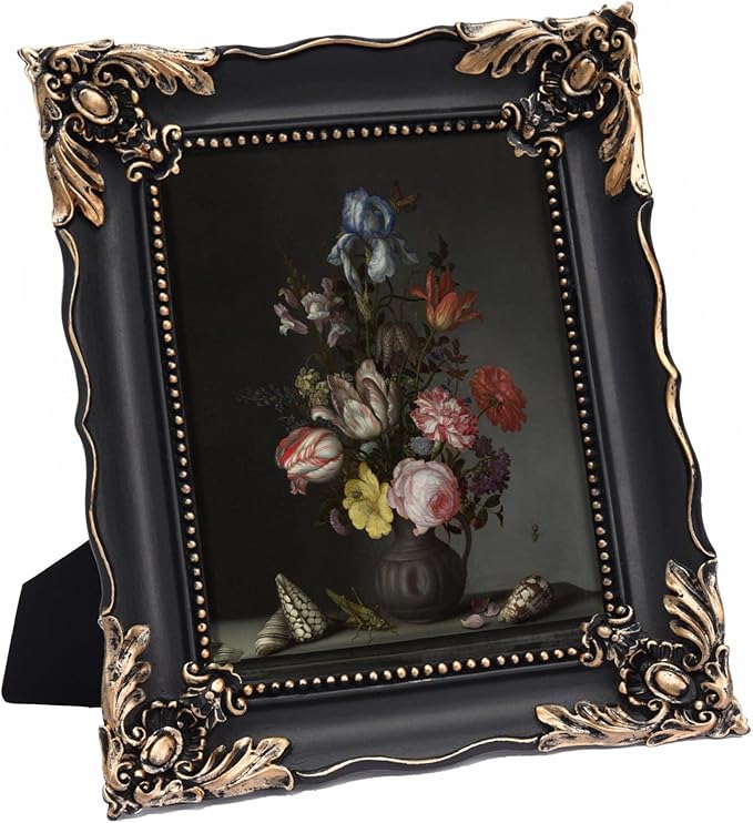 5x7 Vintage Picture Frame with Embossed Flower Design, Black Ornate Frame for 5x7 Pictures, Hand-Crafted Resin Antique Frames for Tabletop & Wall Hanging, Home Decor (Black)-CasaMuseHome