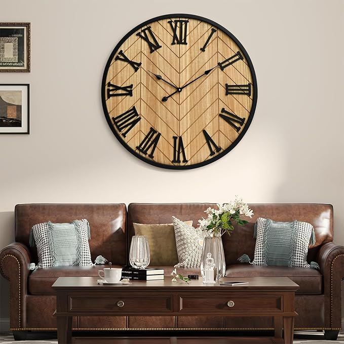 30 Inch Large Wall Clock Farmhouse Style - Brown Silent Non-Ticking Rustic Decor for Living Room, Kitchen, Bedroom-CasaMuseHome