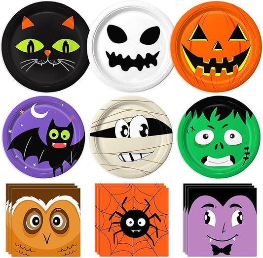 105PCS Halloween Paper Plates Ghosts Pumpkin Skull Spider Web Design for Halloween Party Decorations Supplies, Serves 30-CasaMuseHome
