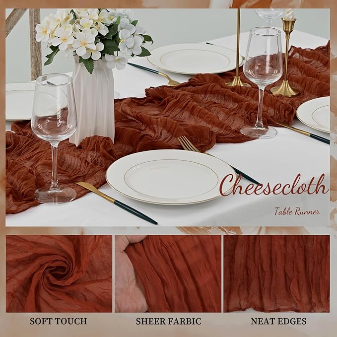 20 Pack Terracotta Cheesecloth Table Runner 10FT Boho Rustic Cheese Cloth Table Runner for Wedding 20 x 120 Inch Long Bridal Shower Baby Shower Gauze Fabric Sheer Birthday Party Table Decorations-CasaMuseHome
