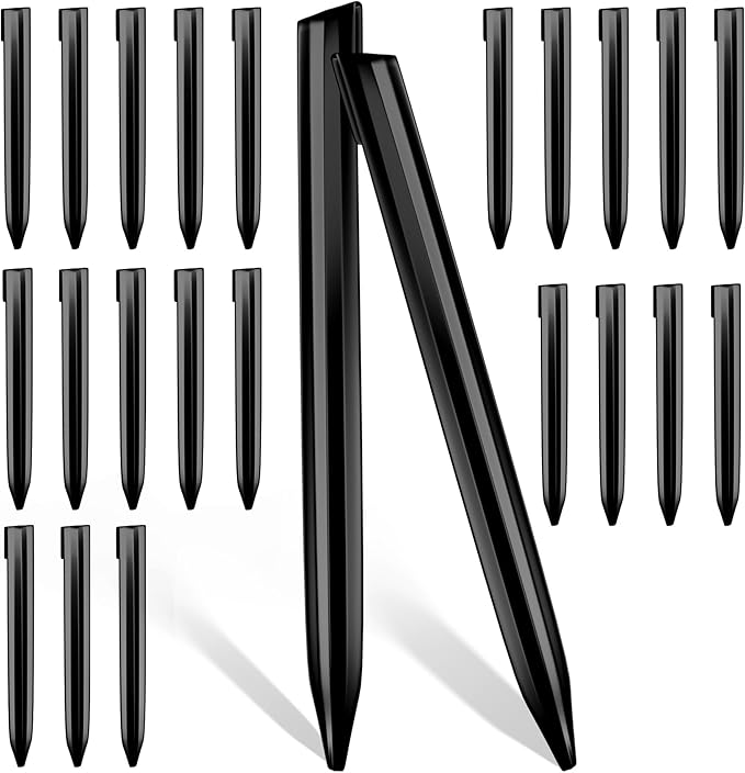 26Pcs Metal Landscape Edging Stakes, 12Inch Galvanized Steel Garden Stakes Top Curved Corrugated Landscaping Anchoring Spikes for Yard, Black-CasaMuseHome