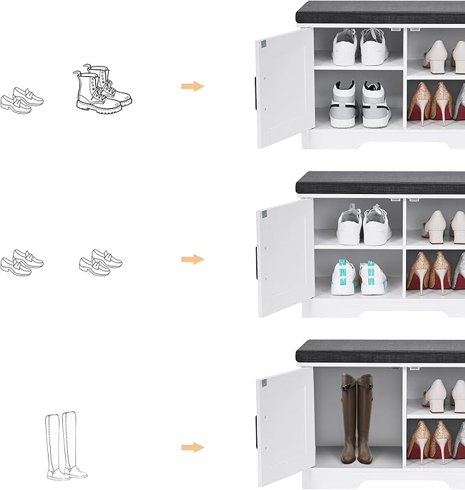 2-Tier Storage Bench, Shoe Bench with Padded Seat Cushion, Entryway Bench with 2 Barn Doors, Adjustable Shelf, 13.8" D x 27.6" W x 17.7" H, for Entryway, Living Room, Bedroom, White-CasaMuseHome