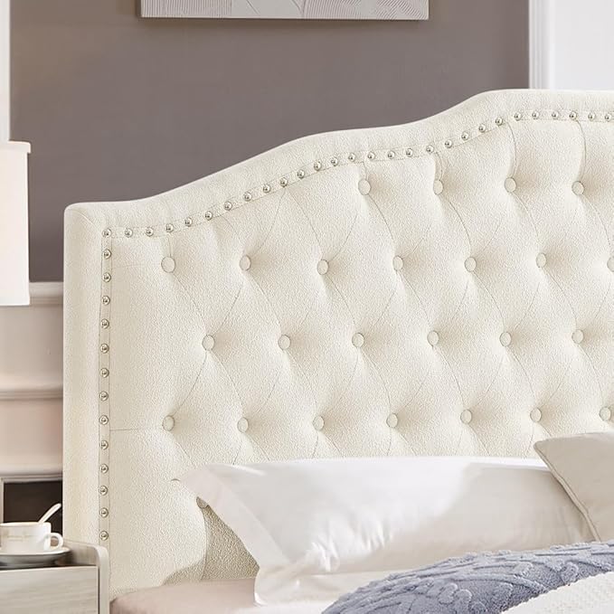 24KF Upholstered Button Tufted King Size Headboard with Nailhead Trim, Elegant Boucle Fabric California King headboard, 6031-K-Boucle-Ivory-CasaMuseHome