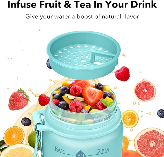 32oz Motivational Water Bottles with Time Marker & Fruit Strainer, Transparent Gradient Color Water Bottle with Times to Drink, Leakproof & BPA Free, Reusable Bottle with Strap (No Straw)-CasaMuseHome