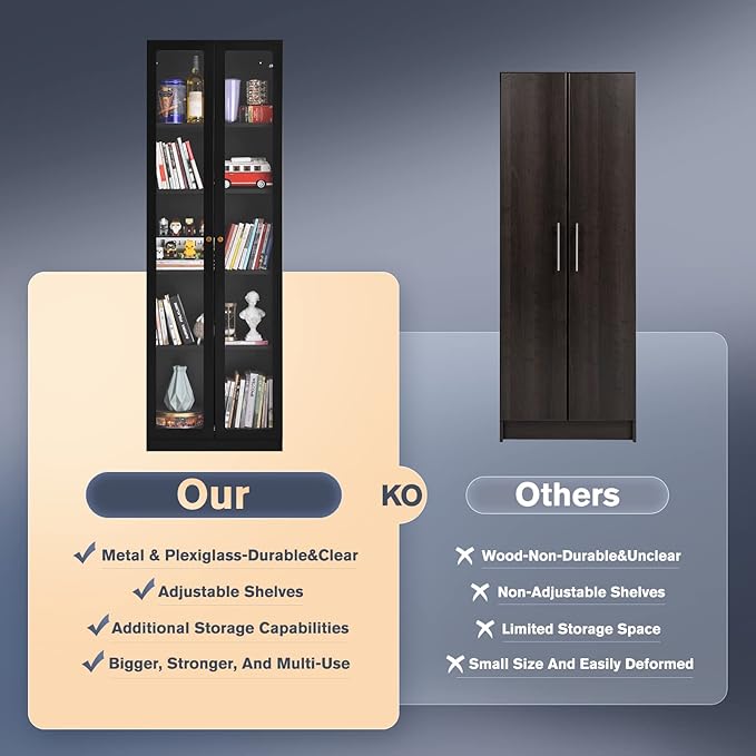 5 Tier Metal Curio Cabinets, 71" Tall Modern Bookshelf Cabinet with 4 Adjustable Shelves, Cabinet Display Case for Home Office, Living Room, Pantry, Assemble Required, Black-CasaMuseHome