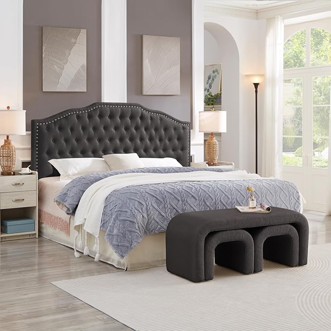 24KF Upholstered Button Tufted King Size Headboard with Nailhead Trim, Elegant Boucle Fabric California King headboard, 6031-K-Boucle-Dark Gray-CasaMuseHome