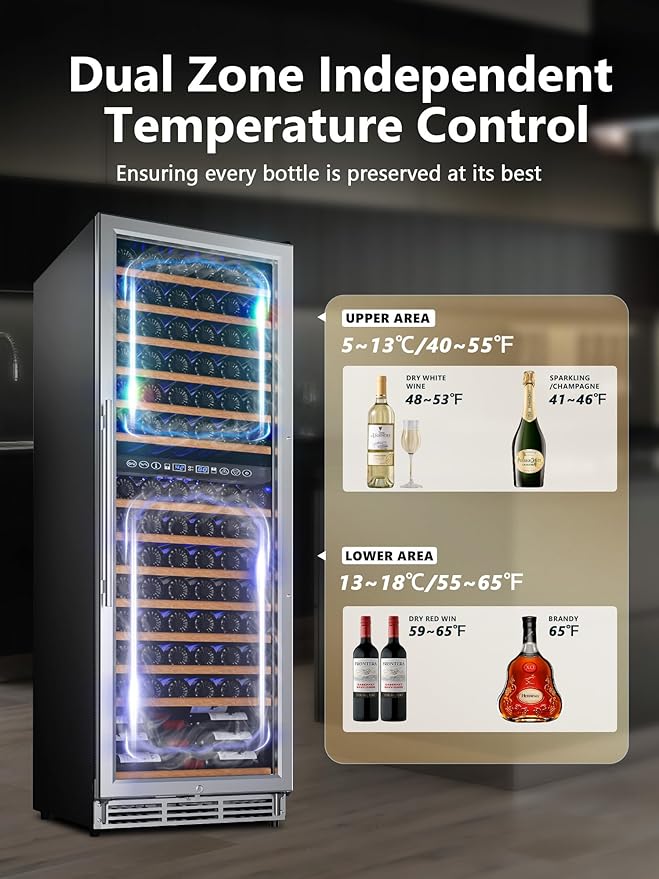 154 Bottle Wine Refrigerator, 24 Inch Wine Fridge Dual Zone with Adjustable Shelf, Wine Cooler with Double Pane Glass Door, Advanced Temp Control, Low Noise, Wide Large Wine Cooler Refrigerator-CasaMuseHome