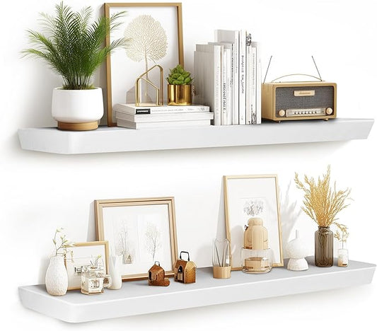 36"x6.8"x1.6" Slanted Floating Wall Shelves 2-Pack - Rustic White Finish, Heavy-Duty Solid Wood Design with Hidden Brackets - Perfect for Living Room, Kitchen, Bathroom, or Office-CasaMuseHome