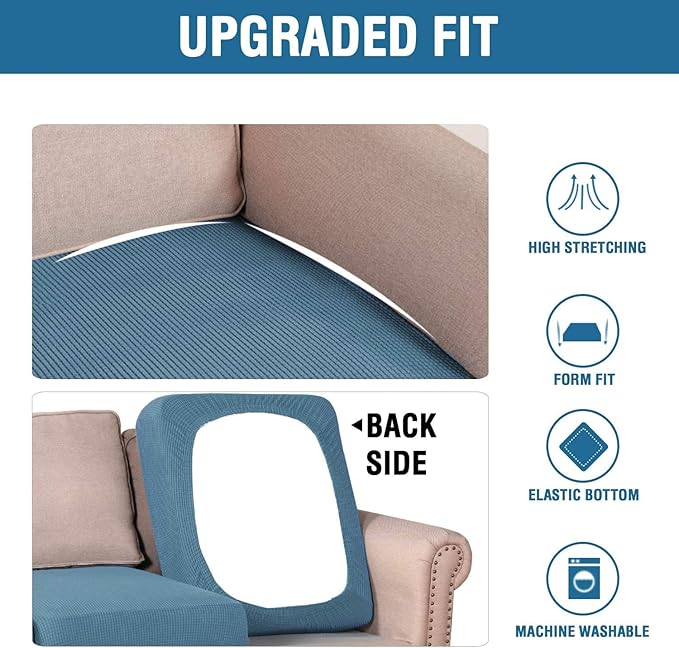 H.VERSAILTEX Super Stretch Individual Seat Cushion Covers Sofa Covers Couch Cushion Covers Slipcover Sets Thick Jacquard Textured Twill Fabric (2 Piece Medium Sofa Cushion Covers, Dusty Blue)-CasaMuseHome