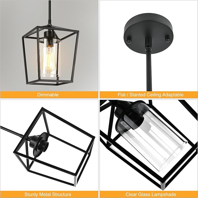 2 Pack 1-Light Black Pendant Lights for Kitchen Island, Farmhouse Metal Pendant Light Iron Cage Hanging Light Fixtures with Clear Glass Shade for Dining Room, Entryway, Hallway, Foyer-CasaMuseHome
