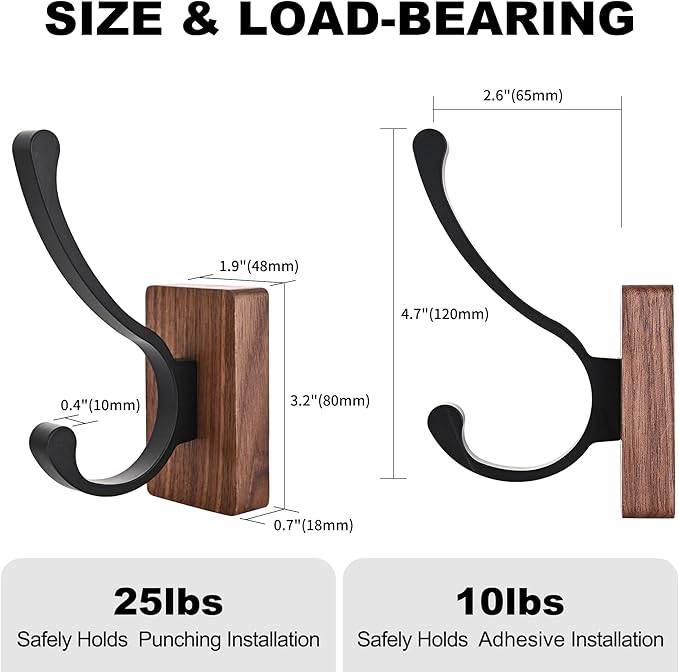 6 Pack Wooden Wall Hooks for Hanging, Adhesive Mounted & Wall Mount Nature Wood Coat Hooks for Towel Clothes Blanket Hat Backpack Robe Nursery Door Board Entryway Key Holder-CasaMuseHome