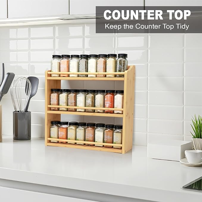 3 Tier Bamboo Spice Rack, Spice Rack Organizer, Seasoning Jars Rack Shelf Spice Organizer for Kitchen Counter or Wall Mounting, Bamboo Spice Storage Holder-CasaMuseHome