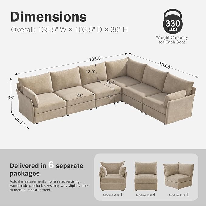 135.5" Oversized Modular Sectional Sofa, L Shaped Convertible Couch with Movable Ottoman, Large 6 Seat Corner Couches for Living Room Deep Seat Beige Chenille-CasaMuseHome