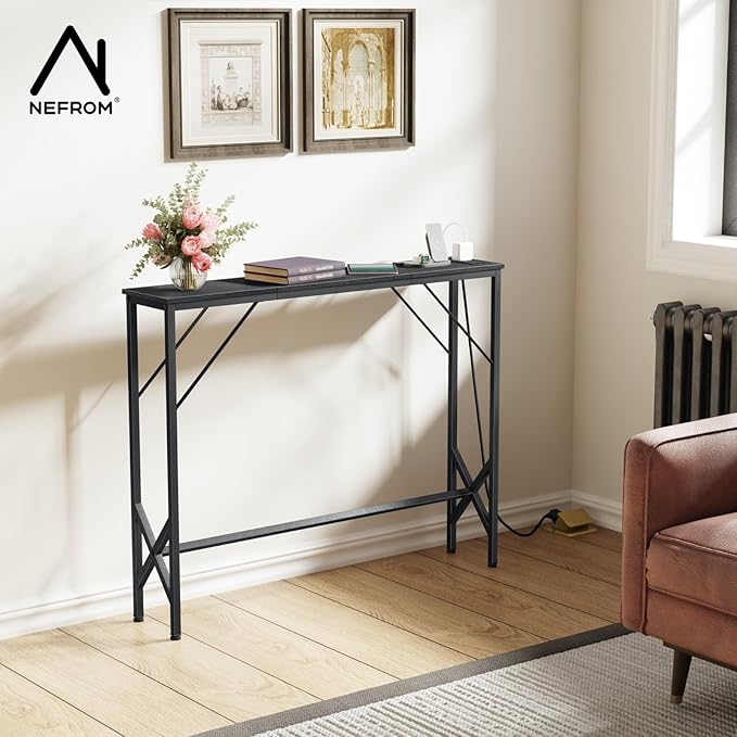 39.4" Console Table, Skinny Entryway Table with Fast-Charging Station, Narrow Long Sofa Table, Behind Slim Couch Table for Entrance, Hallway, Living Room Decor ST-BK100-1-CasaMuseHome