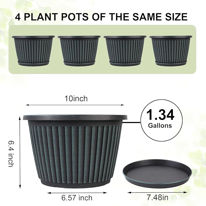 10 Inch Planter-Pots-for-Plants-Indoor-Outdoor, 4 Pack Plastic Flower Pots with Saucer & Drainage Holes, Modern Decorative Resin Garden Pots-CasaMuseHome