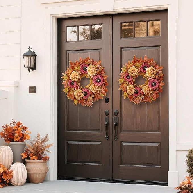 28'' Large Fall Wreath for Front Door, Porch, Window- Artificial Maple Leaves Faux Sunflower Hydrangea Pumpkins Outdoor Autumn Wreath for Home, Farmhouse Wall Thanksgiving Day Harvest Festival Decor-CasaMuseHome