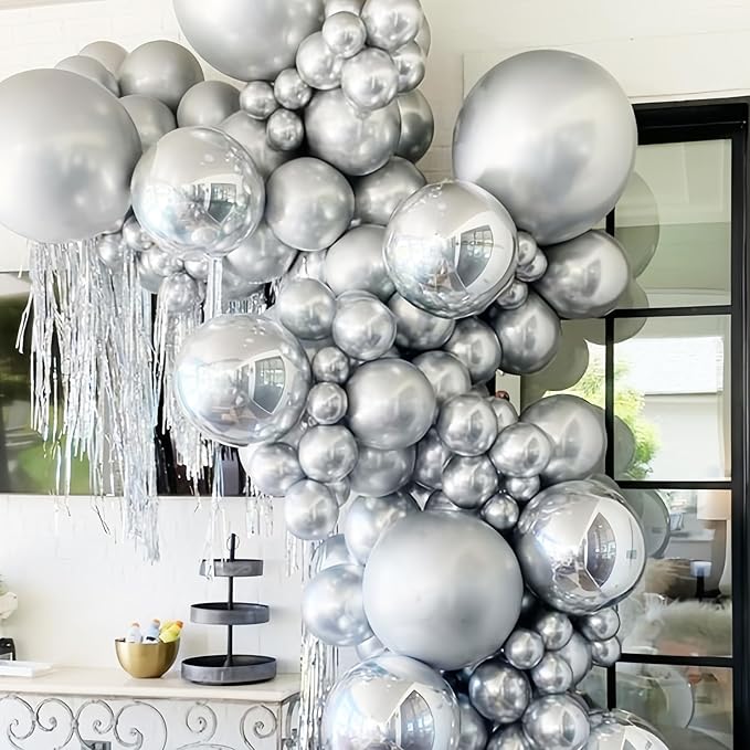 130pcs Metallic Silver Balloons Different Sizes 18" 12" 10" 5" Chrome Silver Balloon Garland Arch Kit for Graduation Birthday Baby Shower Wedding Anniversary New Year Party Decorations-CasaMuseHome