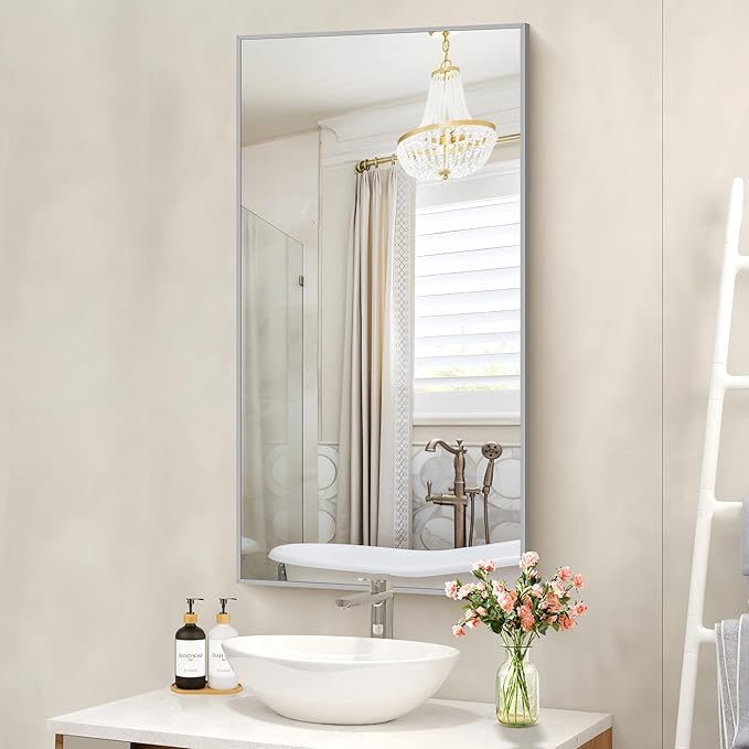 48x24In Silver Bathroom Mirror for Wall, Brushed Nickel Rectangle Mirrors with Metal Frame, Bathroom Rectangular Mirror Modern Wall Mirror for Bedroom Living Room, Hangs Horizontal or Vertical-CasaMuseHome