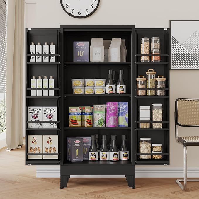 51" H Metal Kitchen Pantry Storage Cabinet, Freestanding Cupboard Storage Cabinet with Doors and Adjustable Shelves, Large Stand Up Food Cupboard for Living Room, Dinning Room, Black-CasaMuseHome