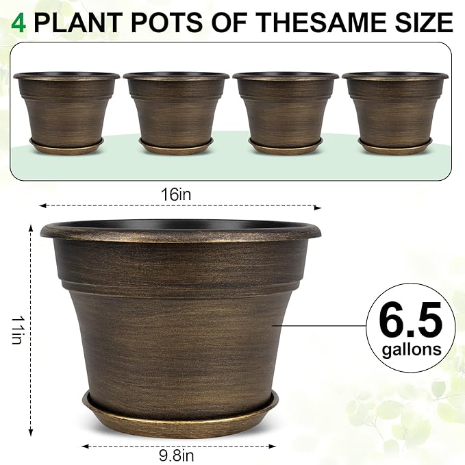 16 inch Plant Pots Outdoor Planters，4 Pack Large Plastic Flower Pot for Indoor Plants with Drainage Holes & Saucer, Resin Decorative Container Sets with Trays for House Outdoor Garden Plant Dark Gold-CasaMuseHome