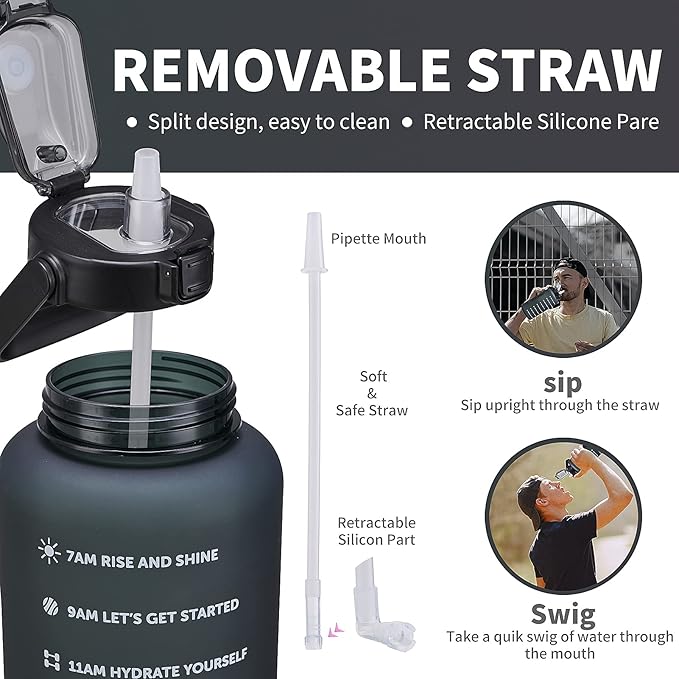 64oz,100oz,128oz Large Motivational Water Bottle with Time Marker, Leakproof & BPA Free Half Gallon Big Water Bottle with Straw Handle Tritan Frosted Water Jug for Gym,Fitness,Outdoor Sports-CasaMuseHome