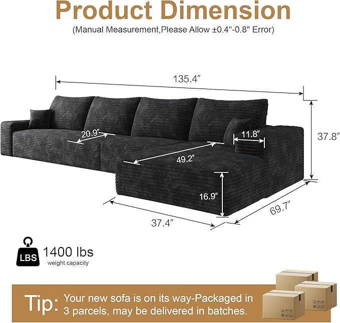 136" Sectional Couches for Living Room Modern Modular Sofa with L-Shape Couchs Upholstered Boneless Couch Deep Seat Sectional Couch with Chaise (Black, Right Facing Chaise+3Seaters)-CasaMuseHome